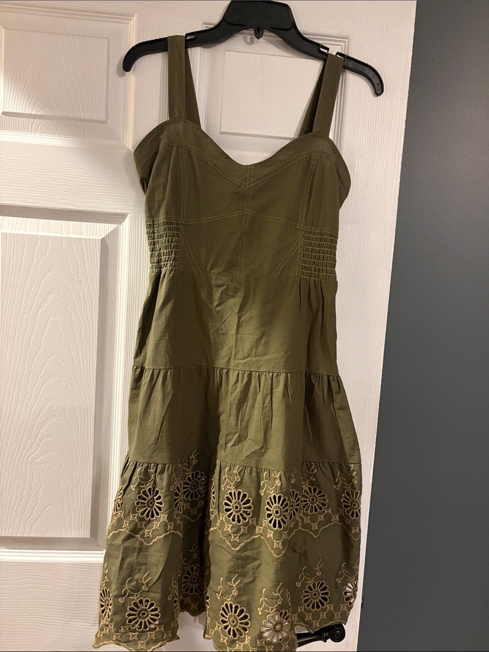 Eighty Eight Olive Green Eyelet Tiered Midi Dress